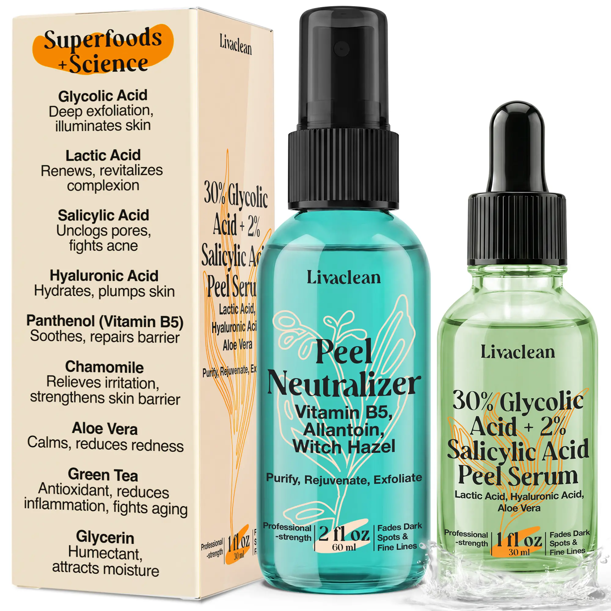 LivaClean At-Home Chemical Peel Kit, 30% Glycolic Acid & Salicylic Acid Serum to Exfoliate for Smoother, Radiant Skin, Gentle Neutralizer Included, Face Care, Paraben-Free, Multi-Pack, Normal, Alcohol-Free