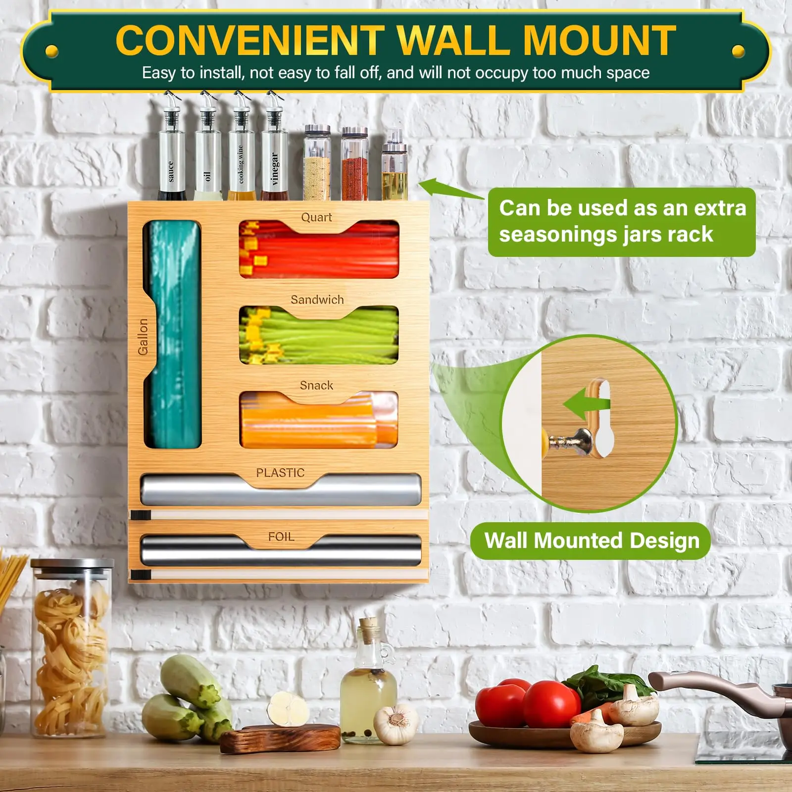 Bag Organizer And Plastic Wrap Dispenser With Cutter, 6 In 1 Bamboo Foil And Plastic Wrap Organizer For Kitchen Drawer, Food Storage Bag Organizer For Gallon, Quart, Sandwich, Snack