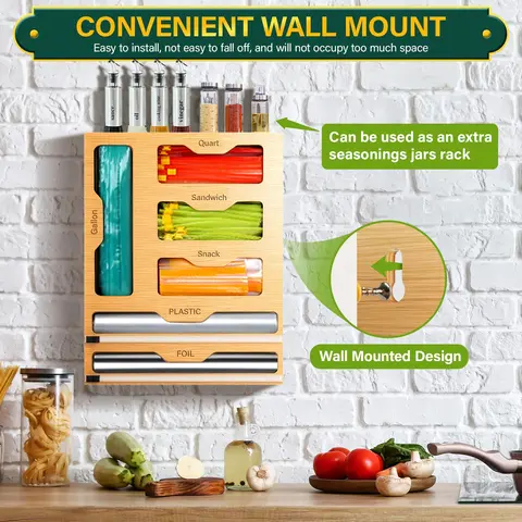 6-in-1 Bamboo Wood Kitchen Supply Organizer - Built-in Cutter, Drawer-Fit Rectangular Holder for Plastic Wrap, Foil, & Food Storage Bags (Gallon, Quart, Sandwich, Snack)