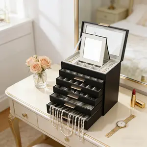 BOOVO 6-Layer Jewelry Box with Clear Glass Window & Mirror, Large-Capacity PU Leather Jewelry Organizer, Transparent Storage Case for Rings & Earrings, Stylish Dresser Decor