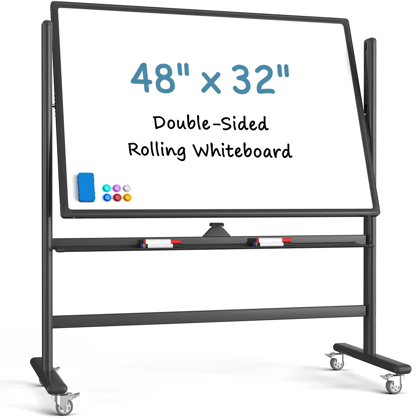 MaxGear 48"x32" Large Black Rolling Magnetic Dry Erase Board Easel - Mobile with Wheels, Double-Sided Reversible, Metal Frame, ABS Corners, Baking-Finish Coating, Enhances Productivity, Maximizes Workspace for Meeting Rooms, 12-Month After-Sales Service,