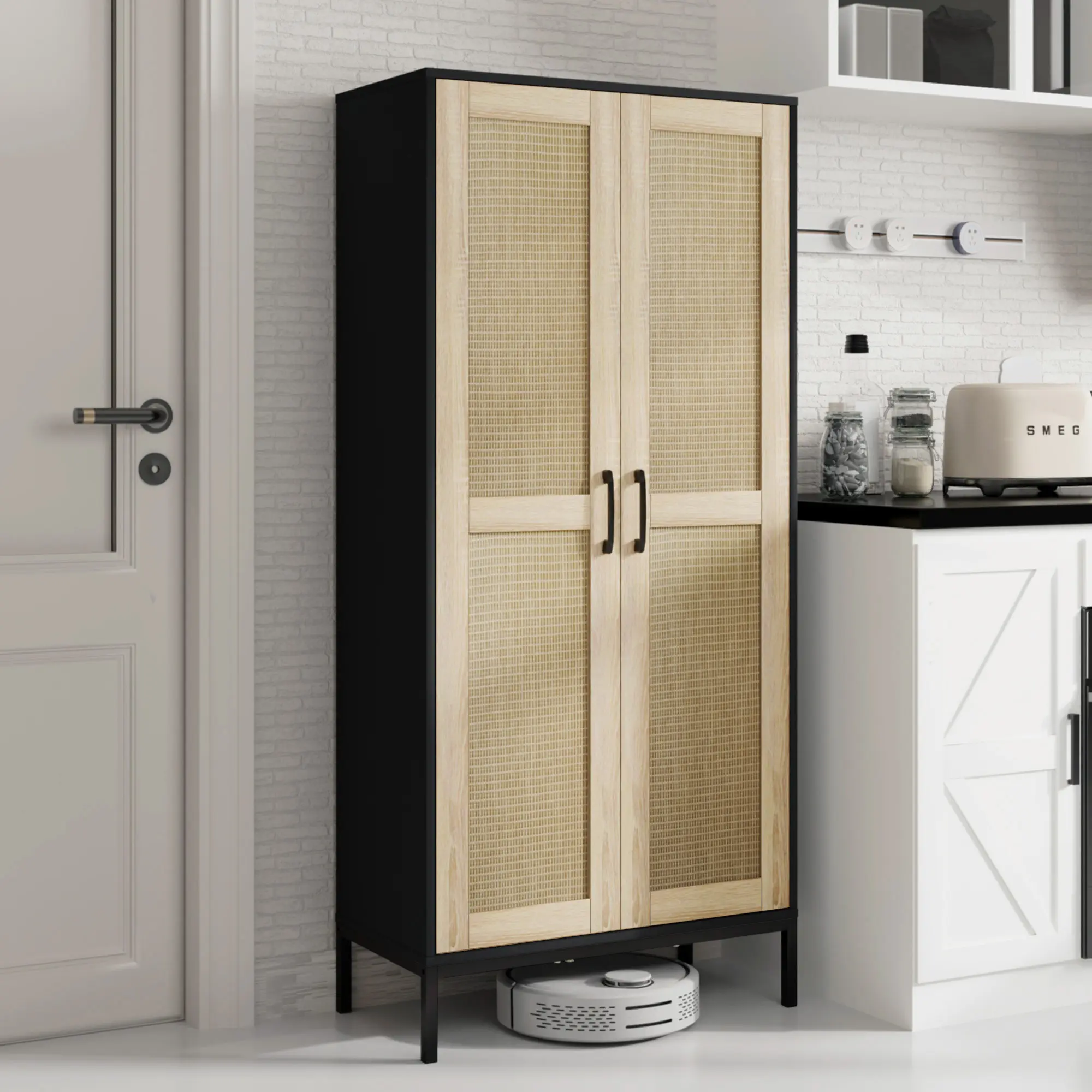 60" Height Wood Farmhouse Rattan Chest - Freestanding Modern Storage Cupboard, 2 Doors, 3 Adjustable Shelves, 27.5 Inches Width, Assembly Required, 20 - 25 Kg Capacity Storage Furniture for Kitchen, Living Room, Durable