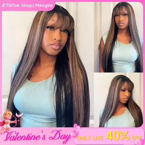 Live Menglle Hair Honey Blonde highlight 13x4 Long Straight With Bangs Glueless Human Hair Lace Front Wig Burgundy Silky Straight Lace Wig Easy Wear 180% Density#tiktokshopholidayhaul