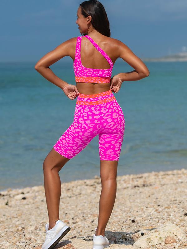 POPVIL Neon Leopard Cutout One-shoulder Sports Bra & Shorts, Removable Pads, Activewear Set, Neon Activewear Tops & Bottoms