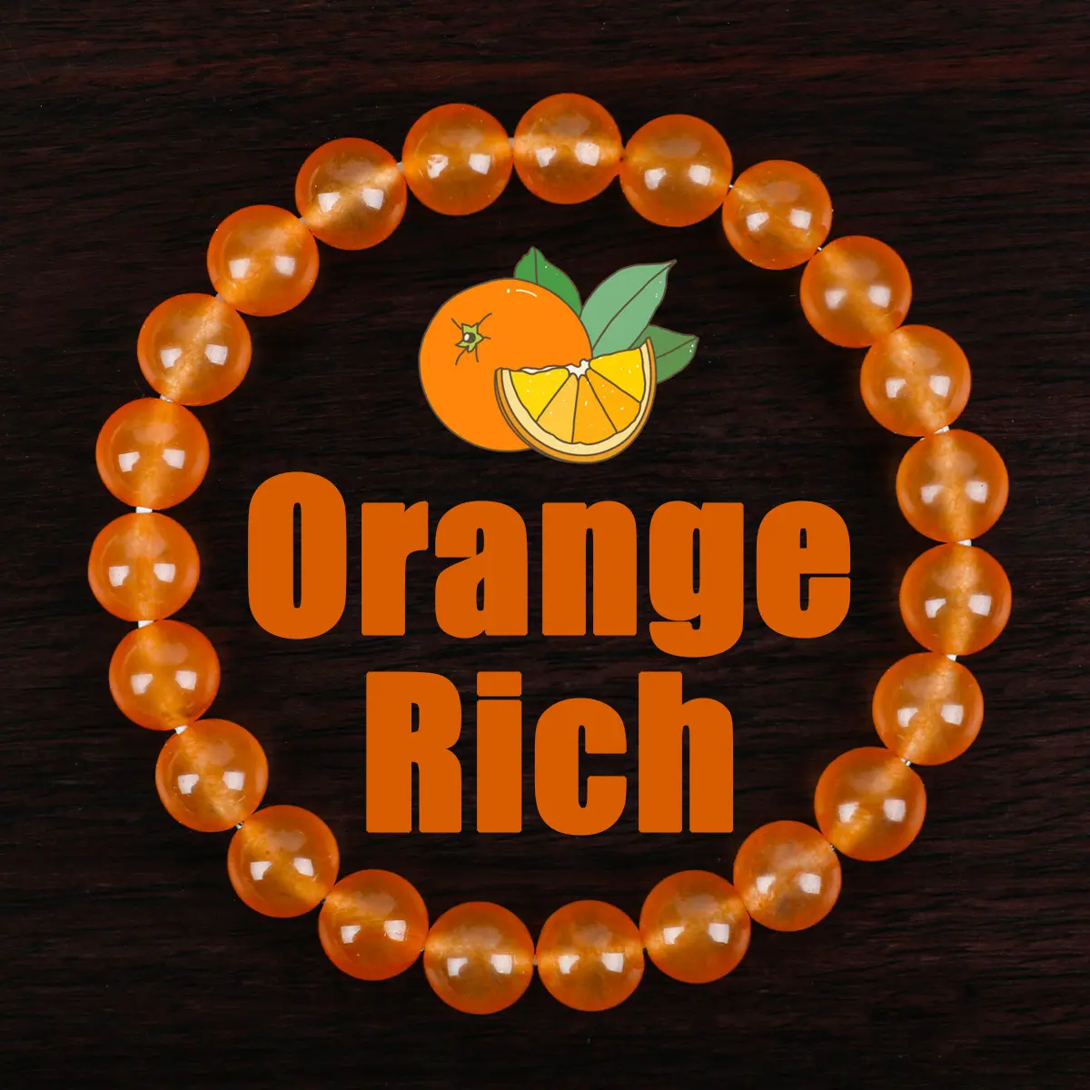 8mm GADASLUY Orange Quartz Bead Bracelet for Women - Prosperity & Good Fortune Elastic Jewelry Gift, Elegant Bead Design with "ORANGE RICH" Text & Citrus Illustration, Gift for Women |   Elegant Bead Bracelet |   Elastic Bracelet