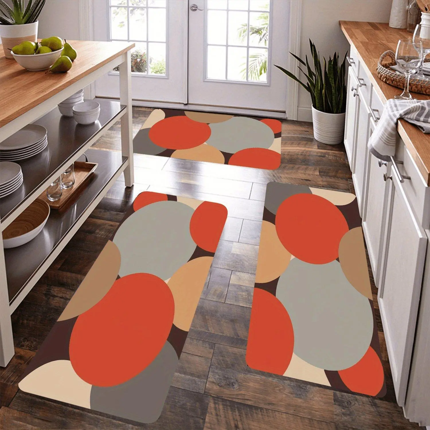 Mid Century Modern Colorful Circle Kitchen Rug, Abstract Geometric Anti-Slip Absorbent Floor Mat for Kitchen Home Decor