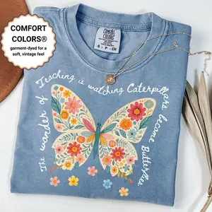 Comfort Colors Butterfly Teacher Shirt, Playful The Wonder of Teaching Quote Tee, Aesthetic Floral Watercolor Butterfly Shirt for Educators, Trendy Oversized Teacher Gift, Premium Garment Dyed Inspirational Classroom Apparel