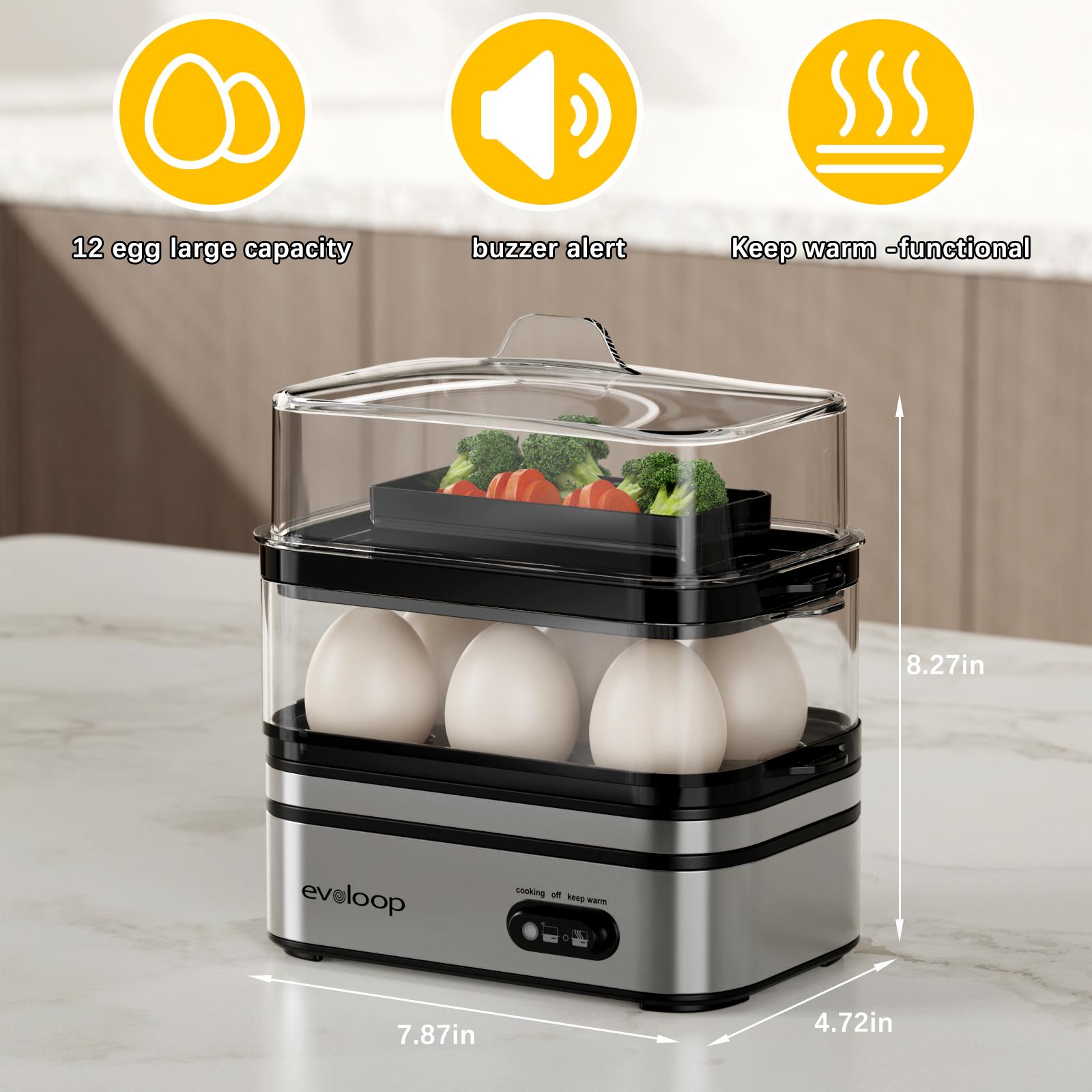 EVOLOOP Rapid Egg Cooker Electric 12 Eggs Capacity, Soft, Medium, Hard Boiled, Poached, Omelet Maker Egg Poacher & Vegetable Steamer, BPA Free Tray EVOLOOP Rapid Egg Cooker Electric 12 Eggs Capacity, Soft, Medium, Hard Boiled, Poached, Omelet Maker Egg Poacher & Vegetable Steamer, BPA Free Tray