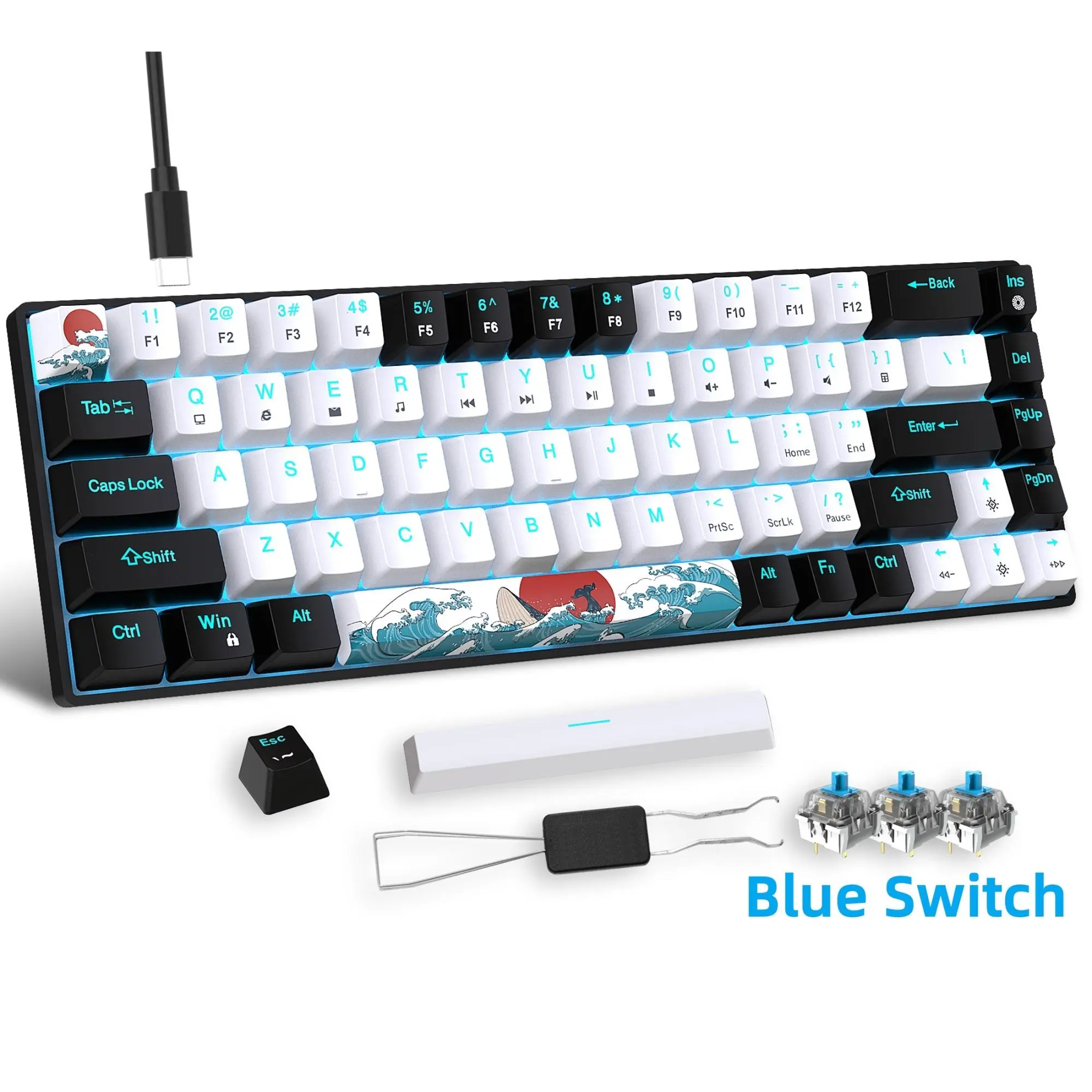 Mechanical Gaming Keyboard, Pc Gaming Keyboards, 68 Keys Gaming Keyboard With Blue/Switches, Detachable Type-C Cable Mini Keyboard With Blue Light For Windows/Mac/PC/Laptop, Light Up Keyboard