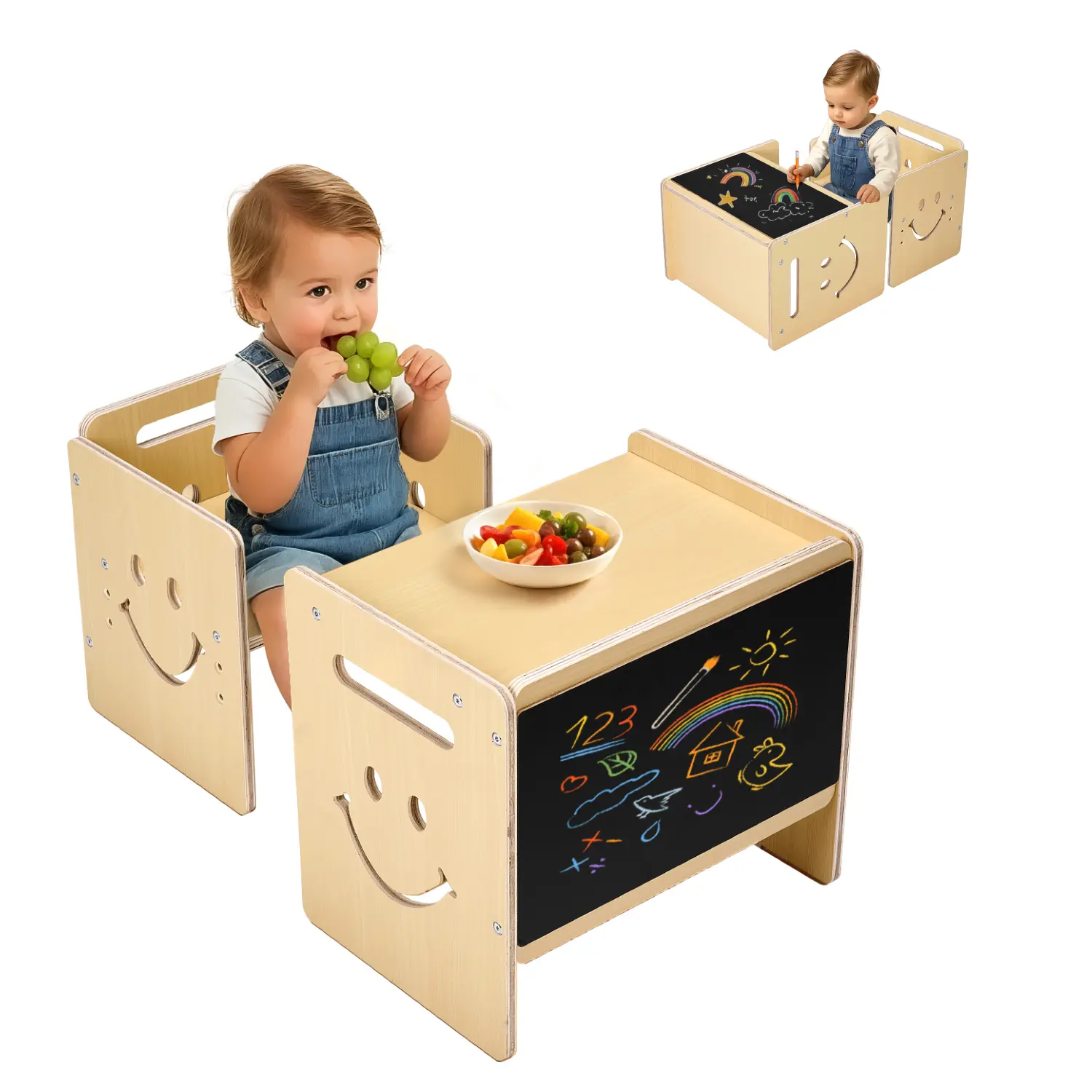 【Summerfinds】VEVOR Montessori Weaning Table and Chair Set 3 In 1 Wooden Toddler Table and Chairs with ChalkboardAdjustable Height Montessori Table for Ages 1-5Ideal for DrawingReadingEating - Natural