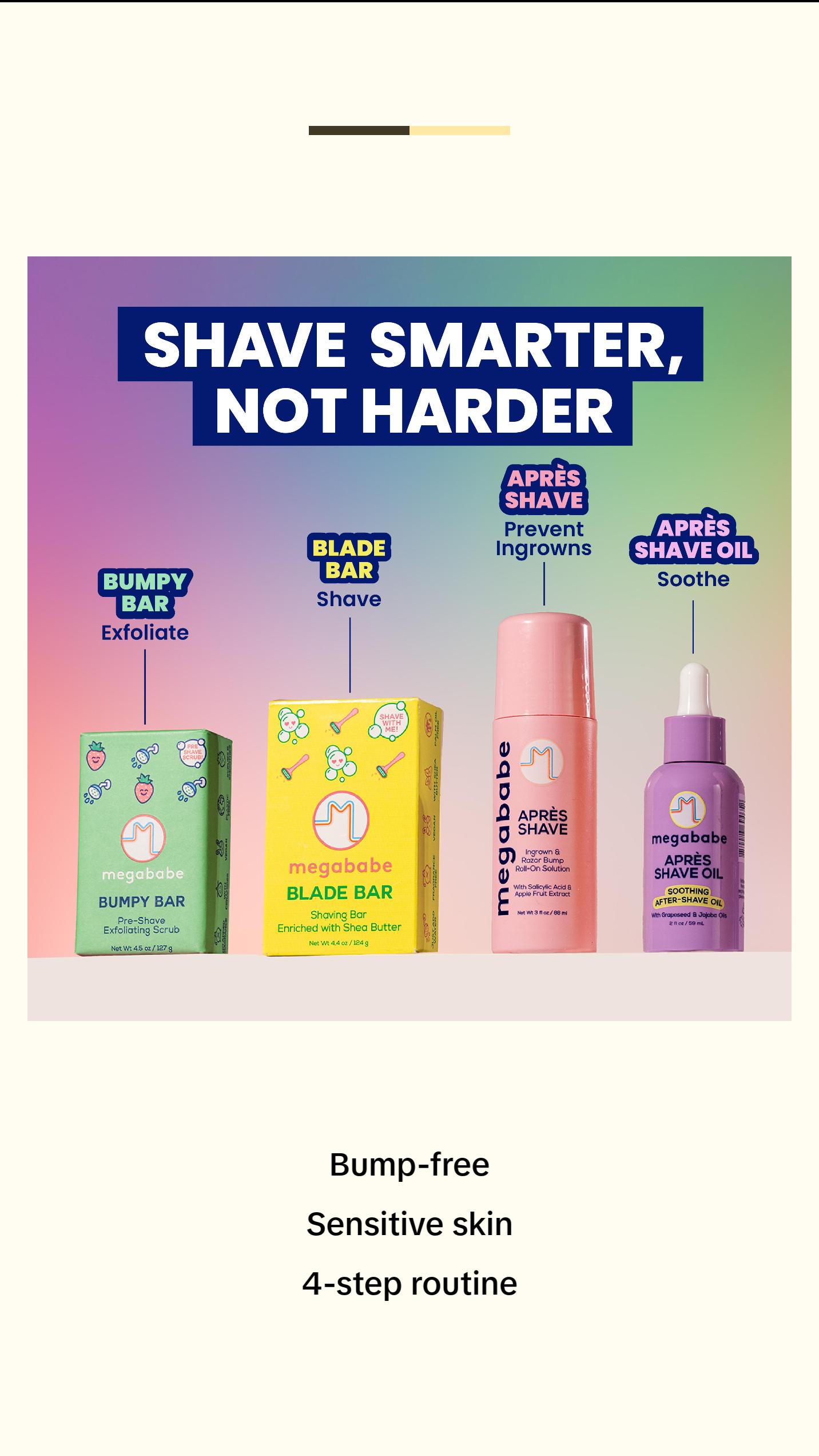 Megababe Shave the Day Kit | 4-Piece Shave Set for Smooth, Bump-Free Skin | Includes Bumpy Bar, Blade Bar, Après Shave, Après Shave Oil | Great for Sensitive Skin | TSA-Friendly Sizes