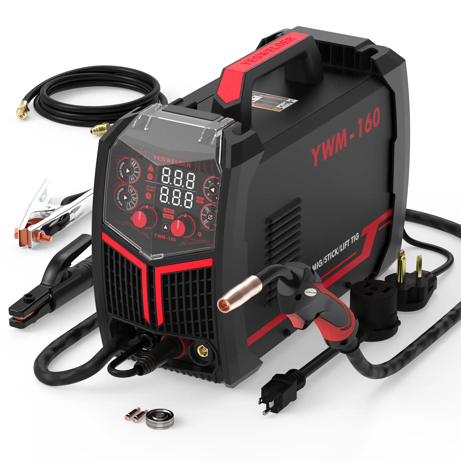YESWELDER YWM-160 Gas Gasless MIG Welder 160Amp | 110/220V Dual Volts, Smart MIG Function, Digital Display | Gas/Flux Core/Lift TIG/Stick 4-in-1 Welding Machine