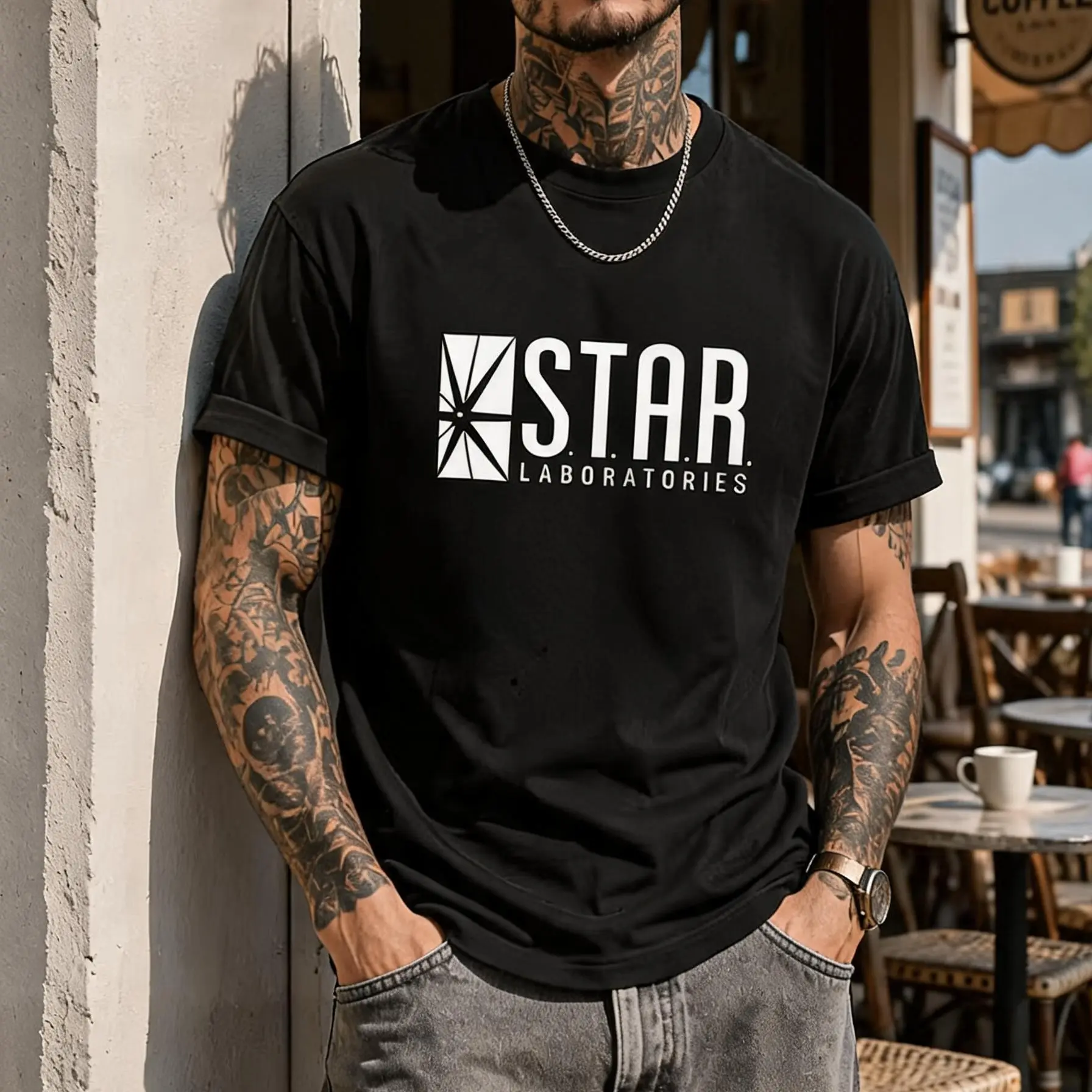 Men's STAR Laboratories The Flash TV Show Graphic T-Shirt, Classic Round Neck Short-Sleeve Casual Fit Unisex Vintage Viral Show Tee, Black Menswear Top, Digital Print Superhero Logo, Do Not Bleach