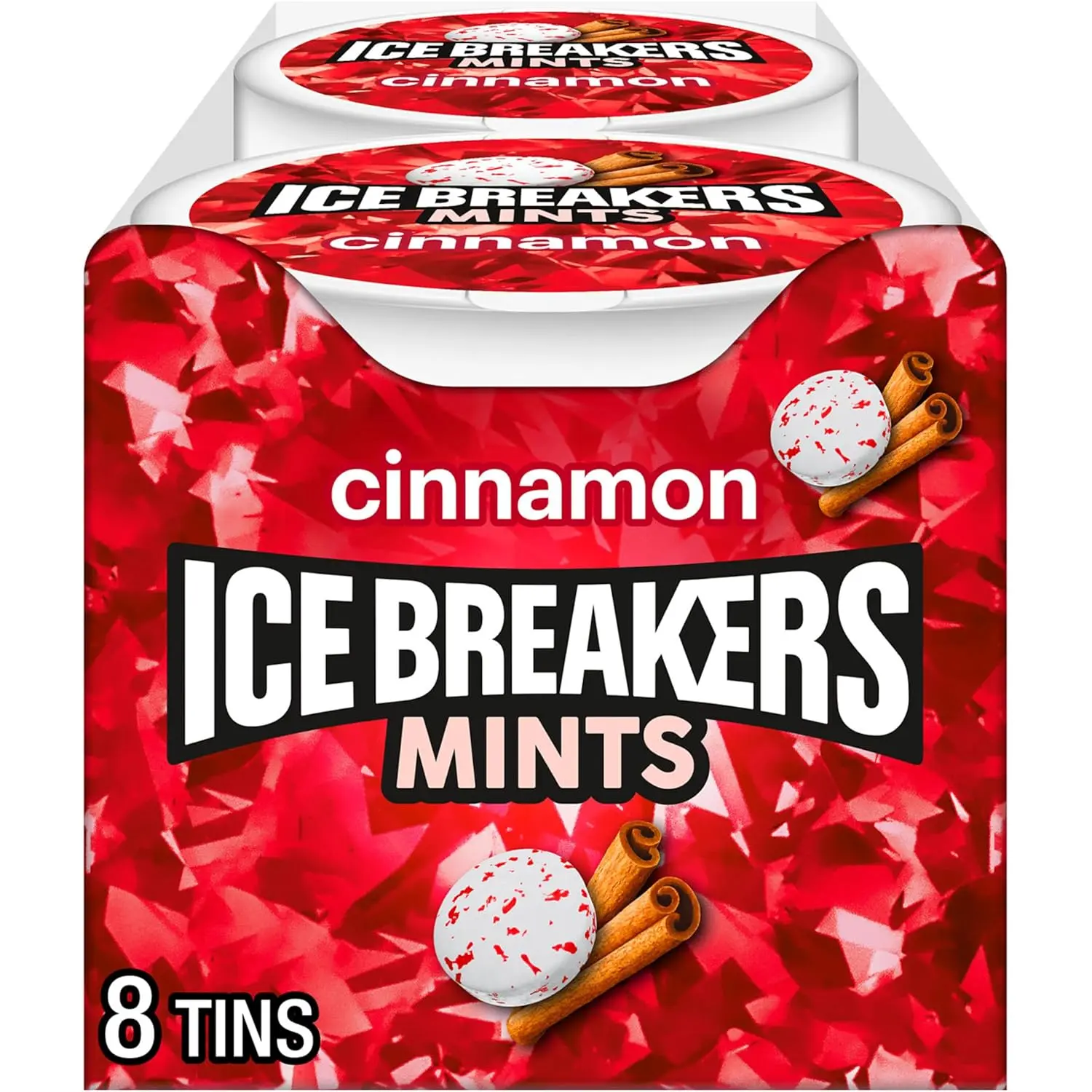 ICE BREAKERS Sugar-Free Sparkling Cinnamon Flavor Crystals Breath Mints, 1.5oz Tins (8 Count) Candy Pack, Low Sugar Candy, On-the-Go Snack, Party Treat