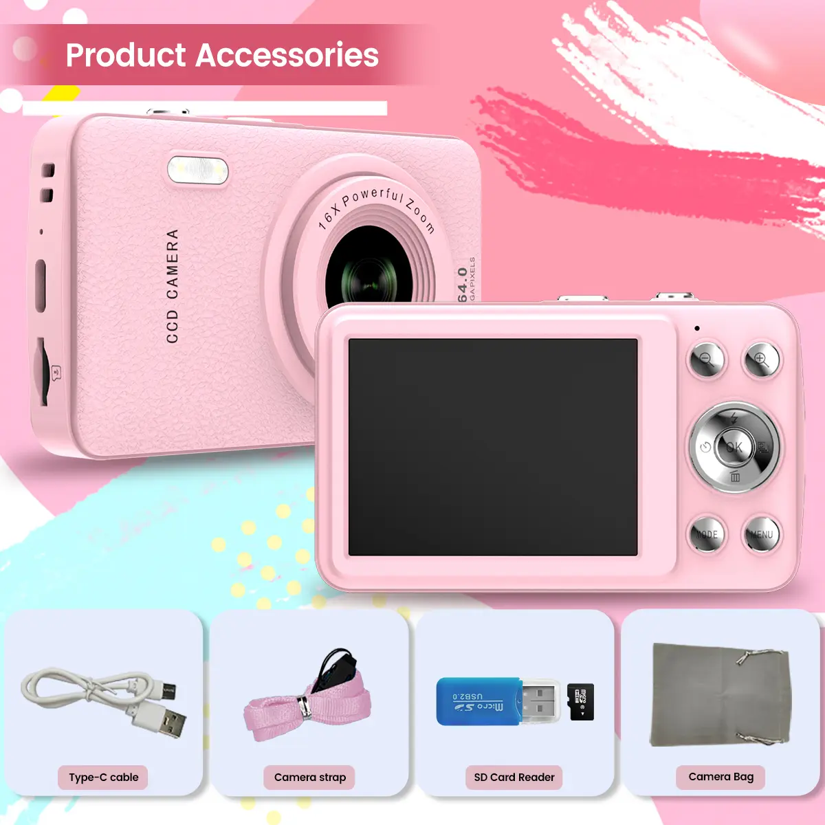 CCD, Vlogging Camera, 16X zoom and 32G storage card, Portable Digital Camera, Ideal Gift for Boys, Girls, Teenagers, and Beginners, Birthday Gift