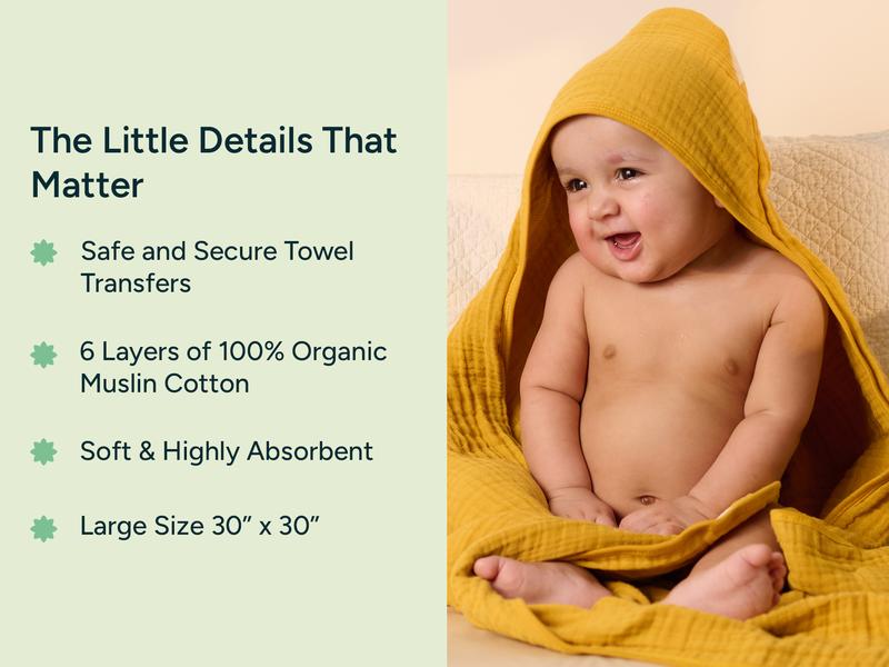 NintaraBaby Hands-Free Hooded Towel - 100% Organic Premium Muslin Cotton, 30" x 30", Ultra-Absorbent, Soft, Breathable, Hypoallergenic, Multipurpose, Gifts for Babies & Infants