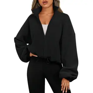 Women's Spring Fleece Crop Jacket With Zipper And Drawstring