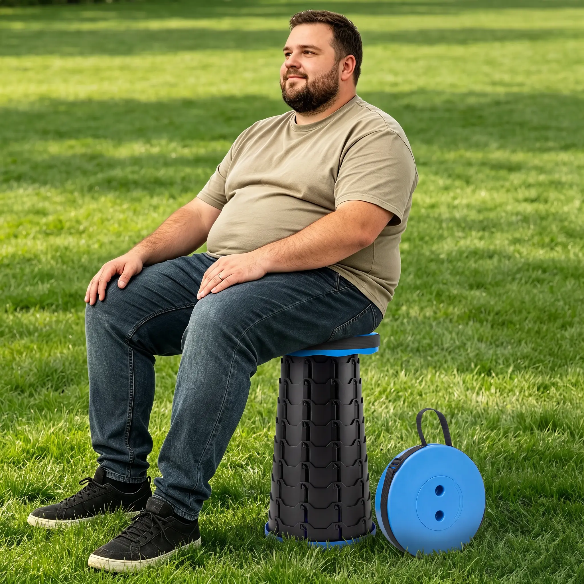 Foldable Telescopic Stool - Portable Collapsible Camping Stool, Adjustable Height Retractable Seat for Adults & Kids, Lightweight Travel Stool with Carry Strap