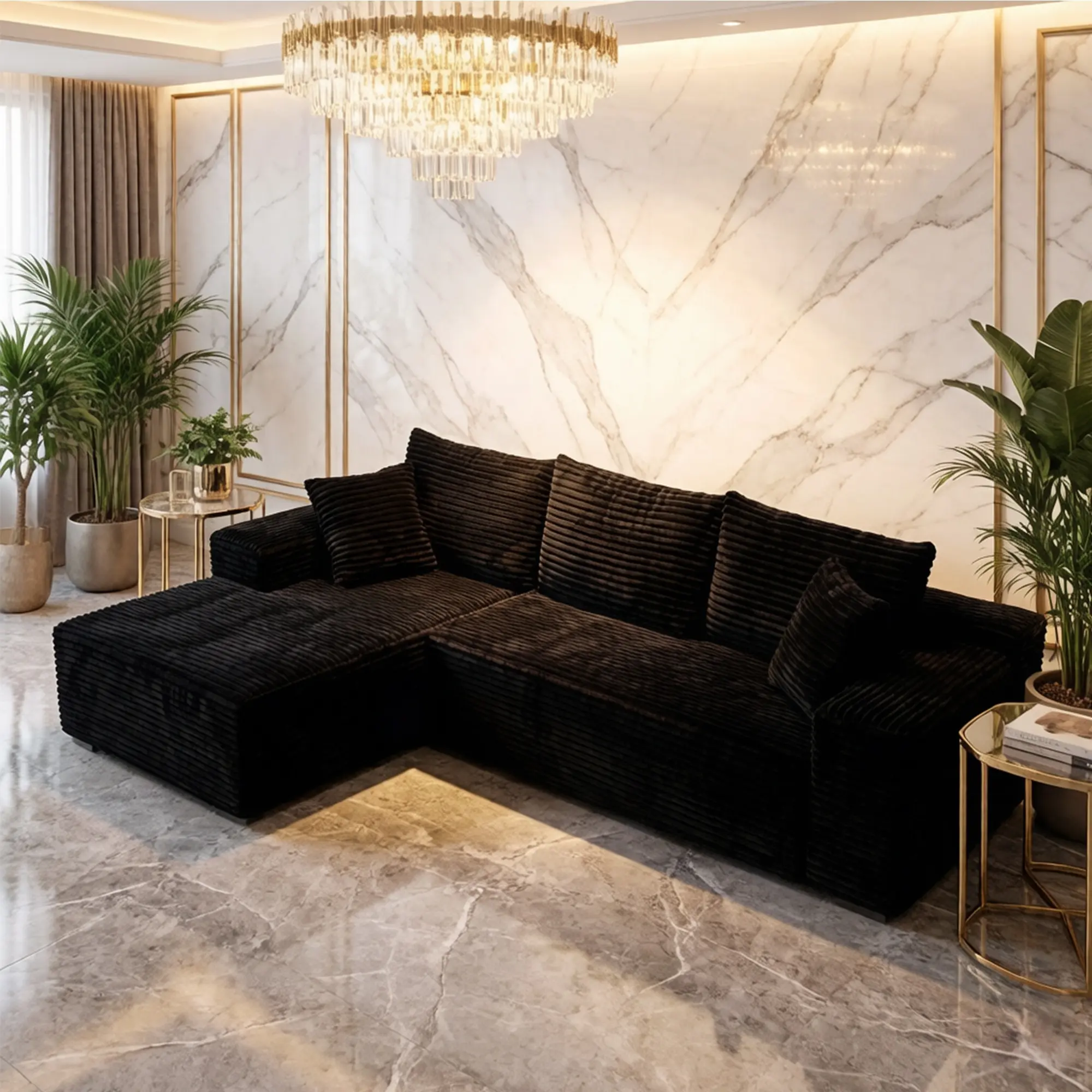 96" Sectional Couches for Living Room, Corduroy Cloud Couch Sofa, L-Shape Upholstered Boneless Couchs Modern Modular Sectional Couch with Chaise (Black, Left Facing Chaise+2Seaters)
