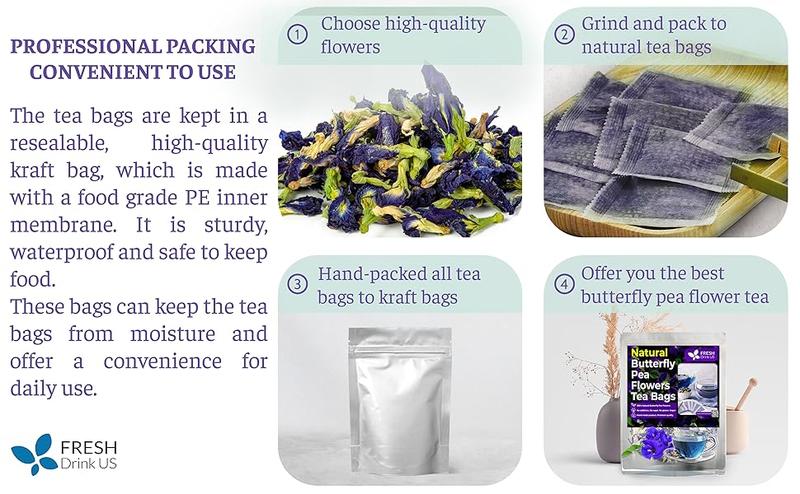 Premium Butterfly Pea Tea, 100% Natural and Pure from Butterfly Pea Flowers, Hand-made, Made With Natural Materials-Corn Fiber Tea Bag, Sugar/Caffeine/Gluten Free, Vegan, Natural Beverage
