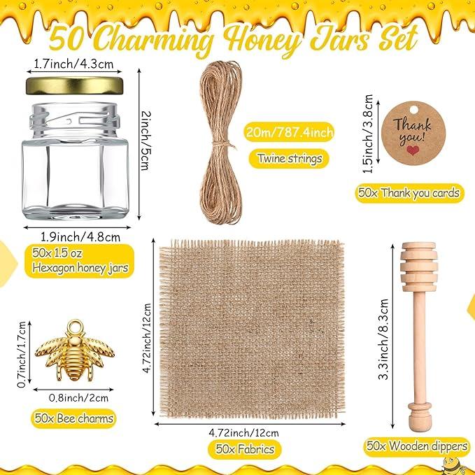 50 Pcs Mini Honey Jar Set Baby Shower Prize Glass&Plastic Jars with Wooden Dipper Bee Charms Thank You Cards Burlap fabric Twine String Thank You Gift for Couple Guest,Bridal Shower Baby Shower Party Decorations,Anniversary Birthday Wedding Gifts 50 Pcs Mini Honey Jar Set Baby Shower Prize Glass&Plastic Jars with Wooden Dipper Bee Charms Thank You Cards Burlap fabric Twine String Thank You Gift for Couple Guest,Bridal Shower Baby Shower Party Decorations,Anniversary Birthday Wedding Gifts