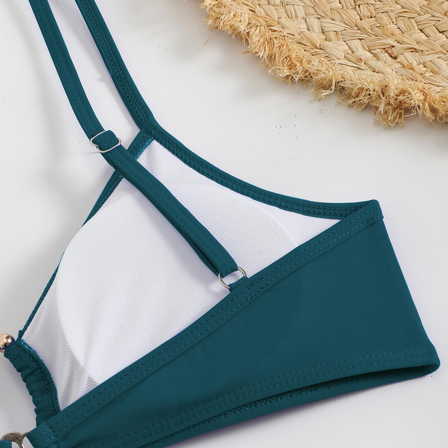 Hilor Women's Two-Piece Bikini Set with Plain Contrast Binding O-Ring Deco Ruch Swim Top & High-Cut Swim Bottoms for Summer Beach Outings