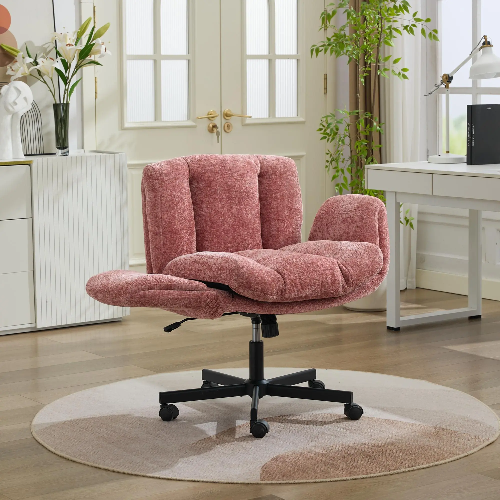 Dreamzon Modern Chenille Swivel Office Chair, Height Adjustable Task Chair with Convertible Multi-Position Armrests, Comfy Double Cushioned Desk Chair for Home, Study,Vanity & Living Room, Blush Pink,SW5028PK