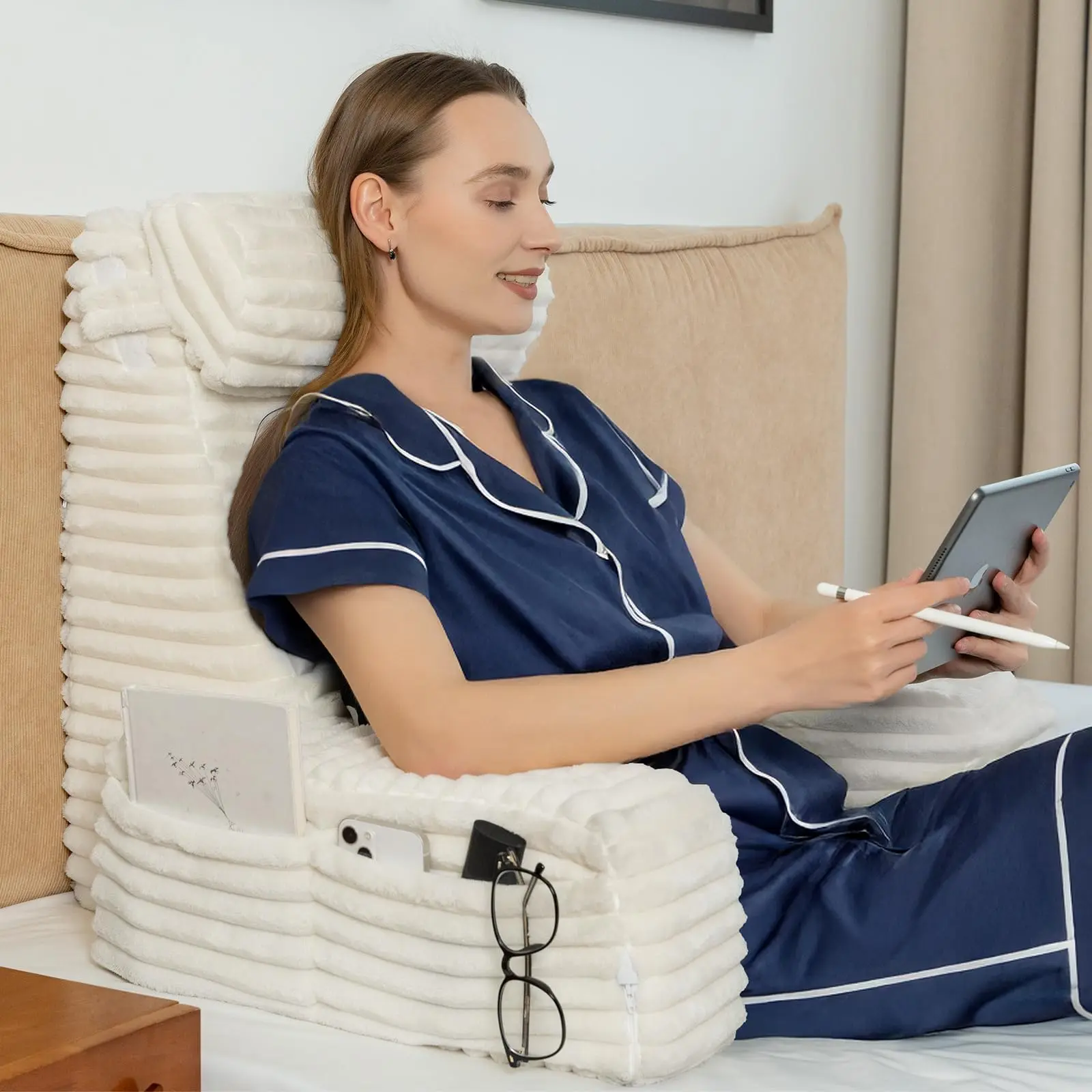 Reading Pillow Back Pillow for Bed Sitting Up, Reading Pillow with Armrests & Big Pockets, Soft Back Support Chair, Ideal for Watching TV, Gaming, Nursing, Resting, Post Surgery,#homeessentials #TikTokShopBackToSchool