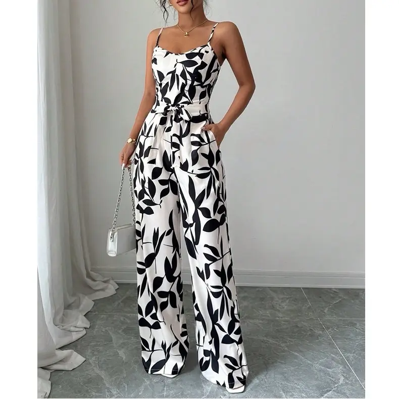 Summer Women's Jumpsuit Stylish European American Casual One-Piece Romper with Leaf Print and Adjustable Straps