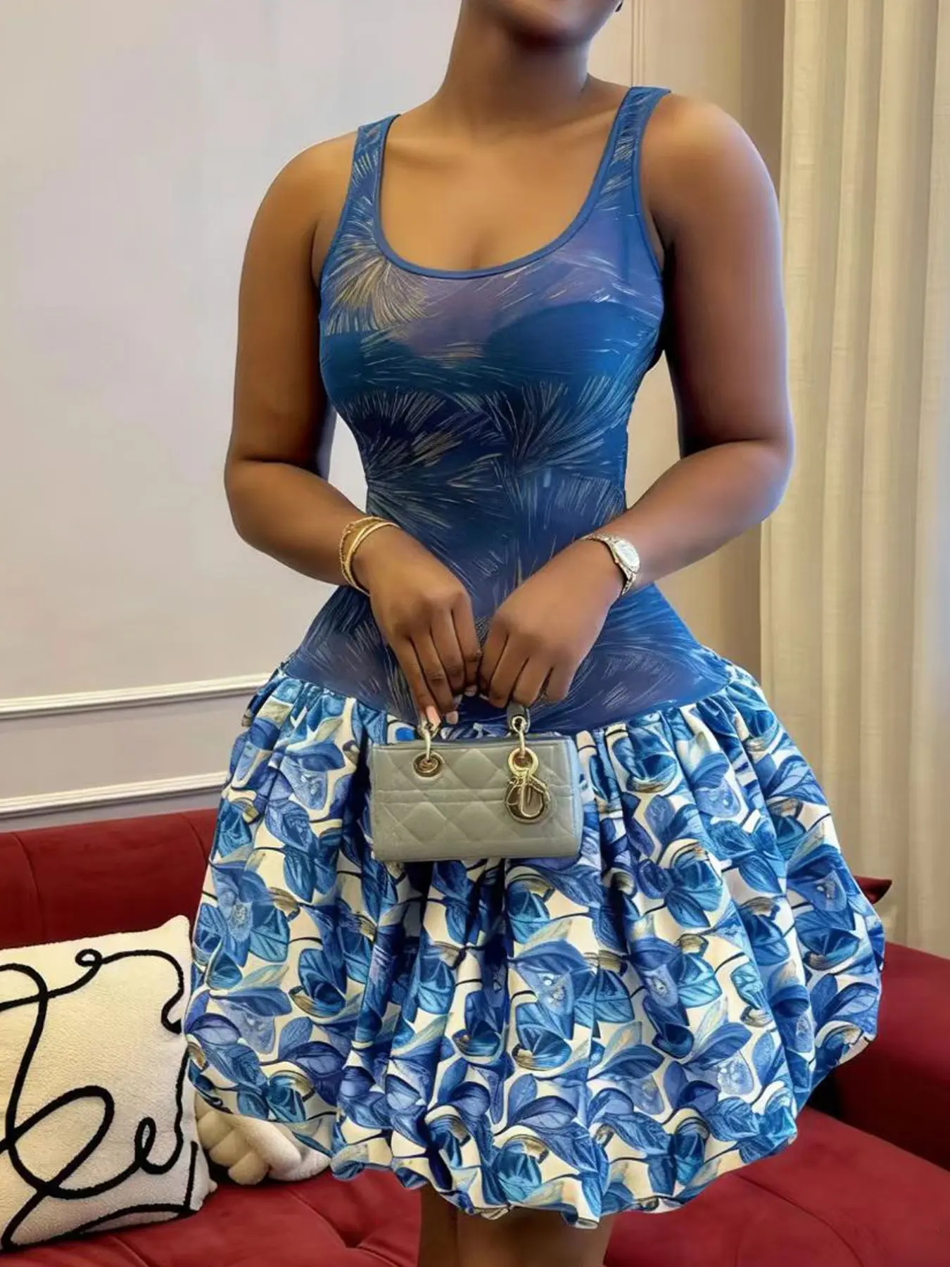 Women's Puffy Tropical Floral Sleeveless Dress, Cute Airy Lightweight Feel, Flattering Silhouette, Flowy Skirt, Bohemian Boho Party Dress, Knit Fabric, Evening Party Dresses, Elegant Fashion Dress