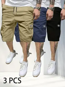 3-Piece Men's Shorts Set - Brown Black & Green - Slanted Pockets - Versatile Casual Wear - 3-Piece Bottoms for Everyday Use Menswear Overalls shorts men