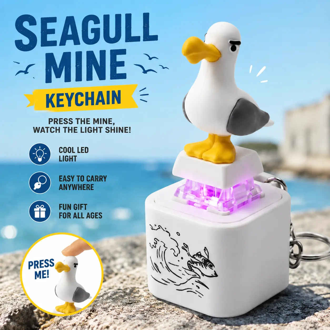 Seagull Mine Keychain,Button with Sound Rechargeable Keyboard Clicker Fidget Toys Stress Relief Noise Maker Animal Keycaps Funny Gifts