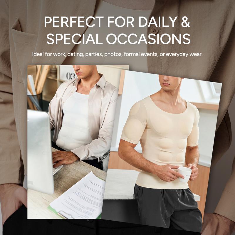 【Nebility】 Men’s Invisible Seamless Muscle-Enhancing T-Shirt with Removable Muscle Pads and Light Compression Function, Suitable for Everyday Wear, Cosplay, and Special Occasions