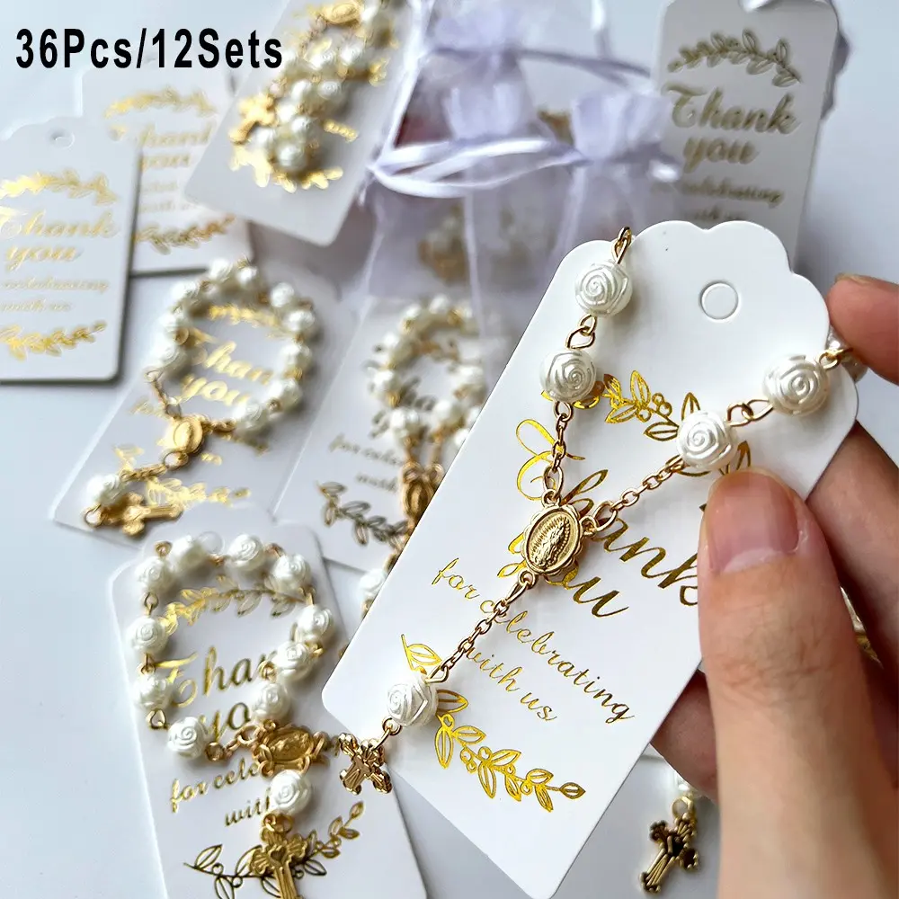 36Pcs/12Sets Party Favor Pack 11-Bead Mini Holy Crown Rose Rosary, Including 12 Rosaries + 12 Organza Bags + 12 Thank You Cards, Religious Gifts, Christian Gift, Religious Party Favors, for Baptism, First Communion, Church Donation