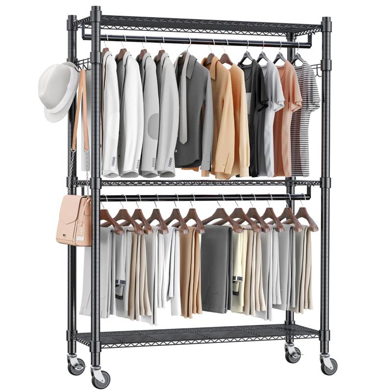 Heavy Duty Clothes Rack on Wheels Metal Garment Rack with Height Adjustable Wire Shelves 80.7"H  Freestanding Wardrobe Laundry Rack with 2 Hanging Rods 2 Side Hooks Clothing Storage for Bedroom, White Outdoorfun