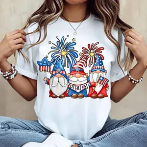Patriotic Crewneck T Shirt Featuring Gnomes Fireworks and Us Flag Print for Independence Day Celebration