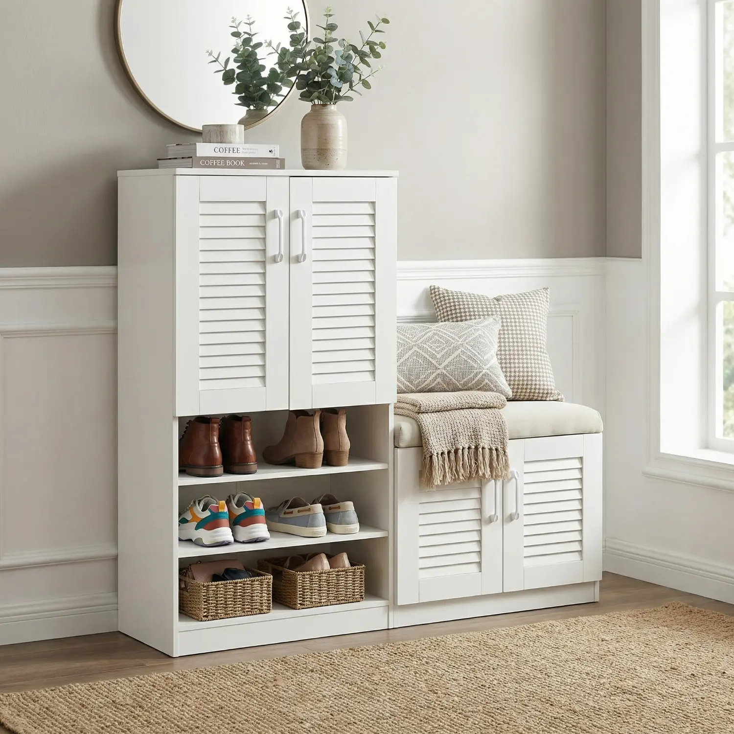 White Multifunctional Entryway Storage Cabinet with Built-in Cushion Seat, 7+3 Adjustable Compartmentalized Organizer Set, Particle MDF Sturdy Space-Saving Wall-Mountable Indoor Furniture for Entryway Mudroom