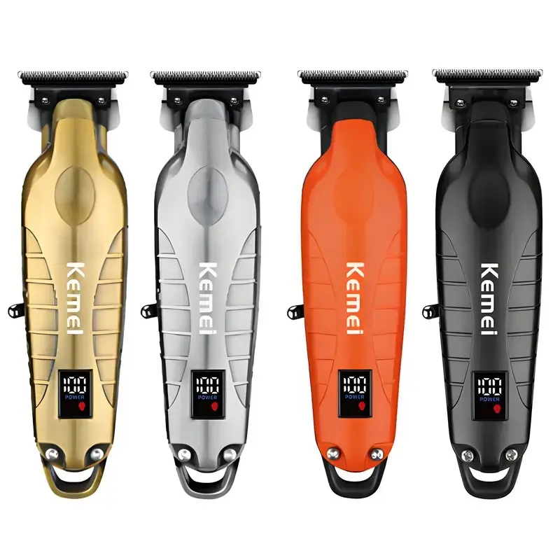 KEMEI 2293 Professional Brushless Cordless Hair Beard Trimmer for Men - High Power 6000 rpm Motor, Low-Noise, LED Display, 0-Gapped T-Blades Clippers, Lithium Ion Rechargeable Orange Grooming Tool with Brow Trimmers, USB Charging, Home Barber Equipment, H