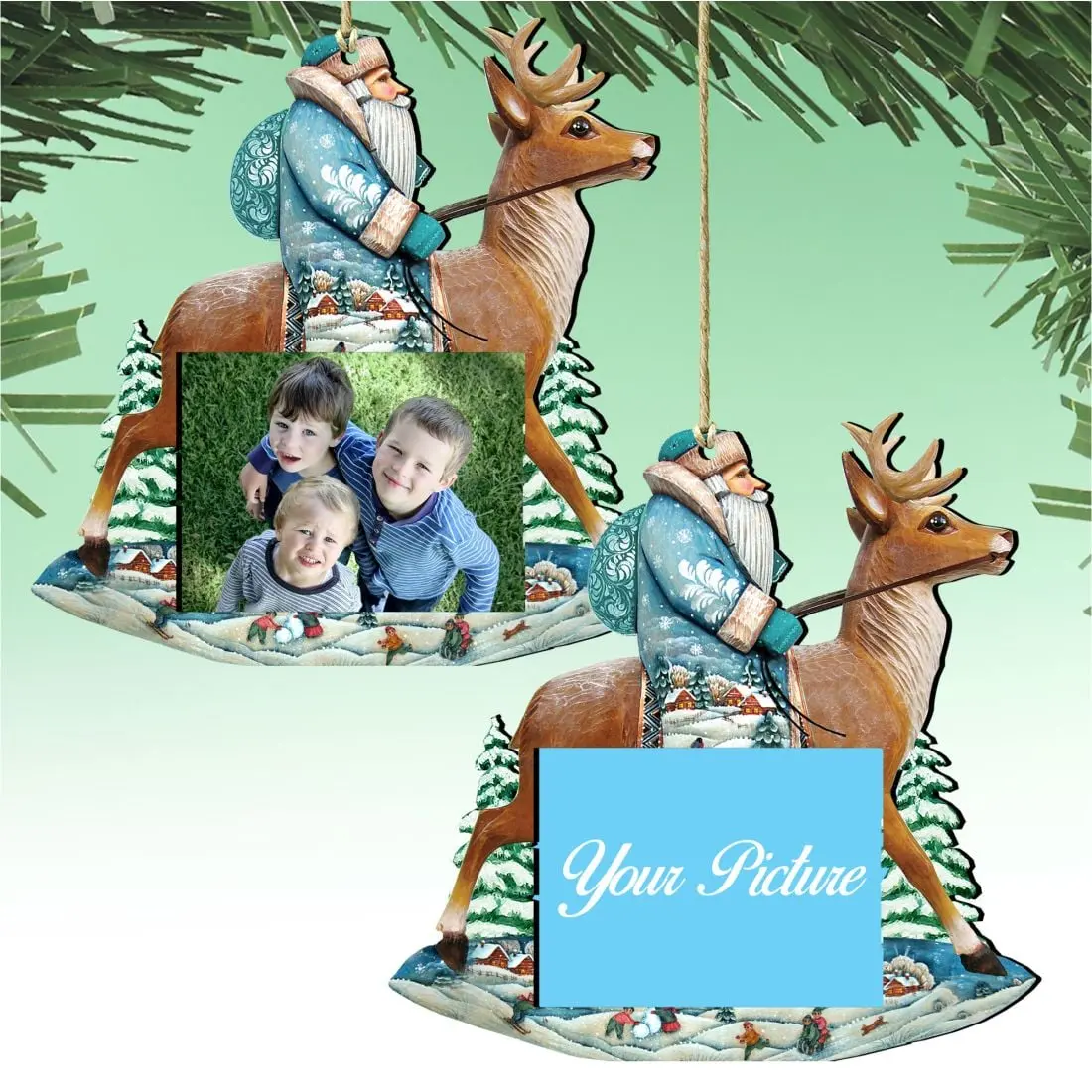 Designocracy 8151123PF-S2 Wooden Snowflake Santa on Reindeer Christmas Photo Frame - Holiday Home Decoration, Christmas Decorations, 5.5x25 in, Set of 2