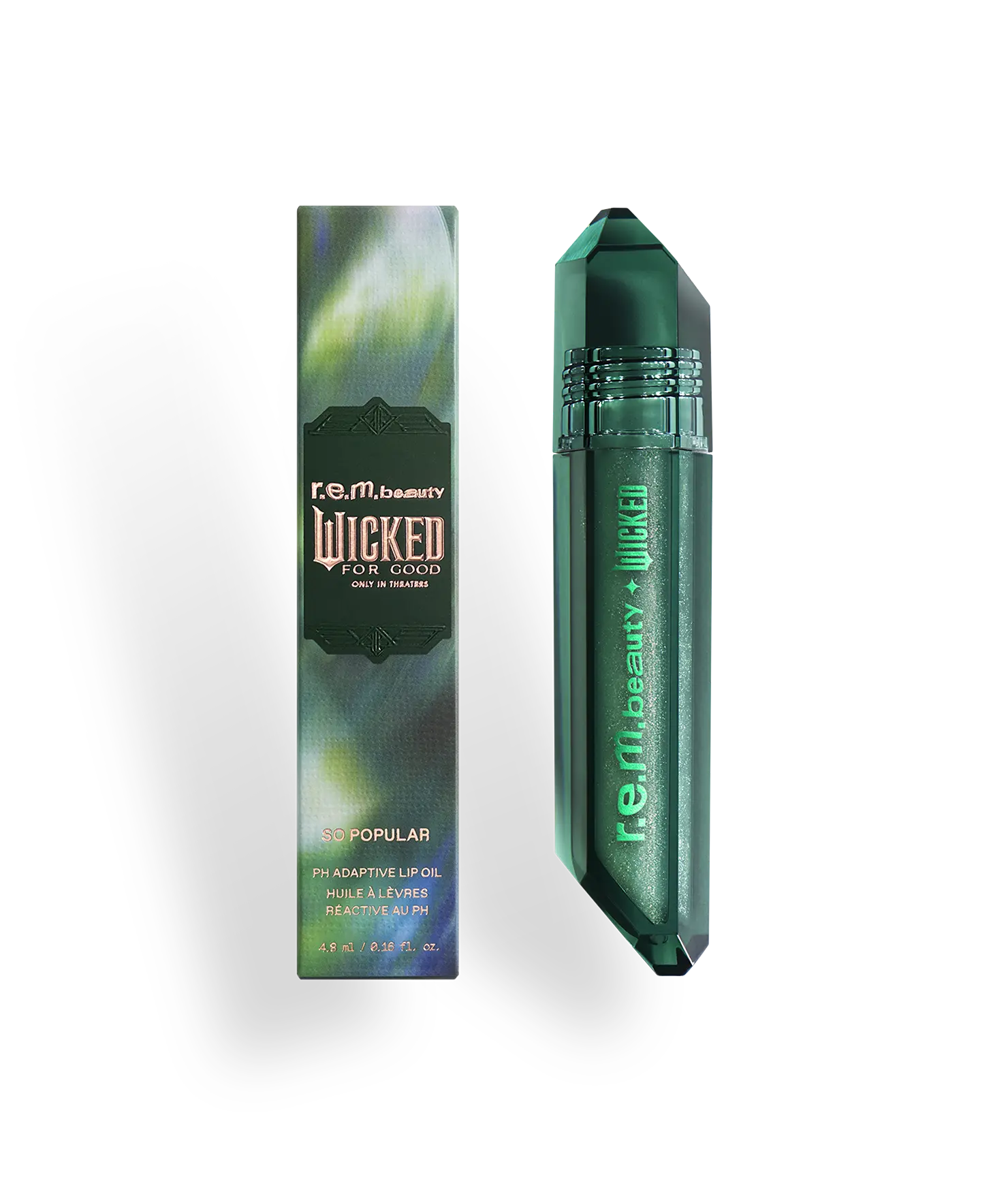 r.e.m. beauty x Wicked: For Good So Popular pH Adaptive Lip Oil - shifts to shade of pink, high-shine, infused with squalane, iridescent shimmer