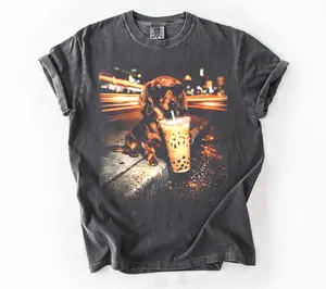 Comfort Colors Funny Dachshund Drinking Iced Coffee T-shirt, Vintage Dog Shirt, Wiener Dog Tee, Sausage Dog Unisex Tee, Dog Lover Shirt