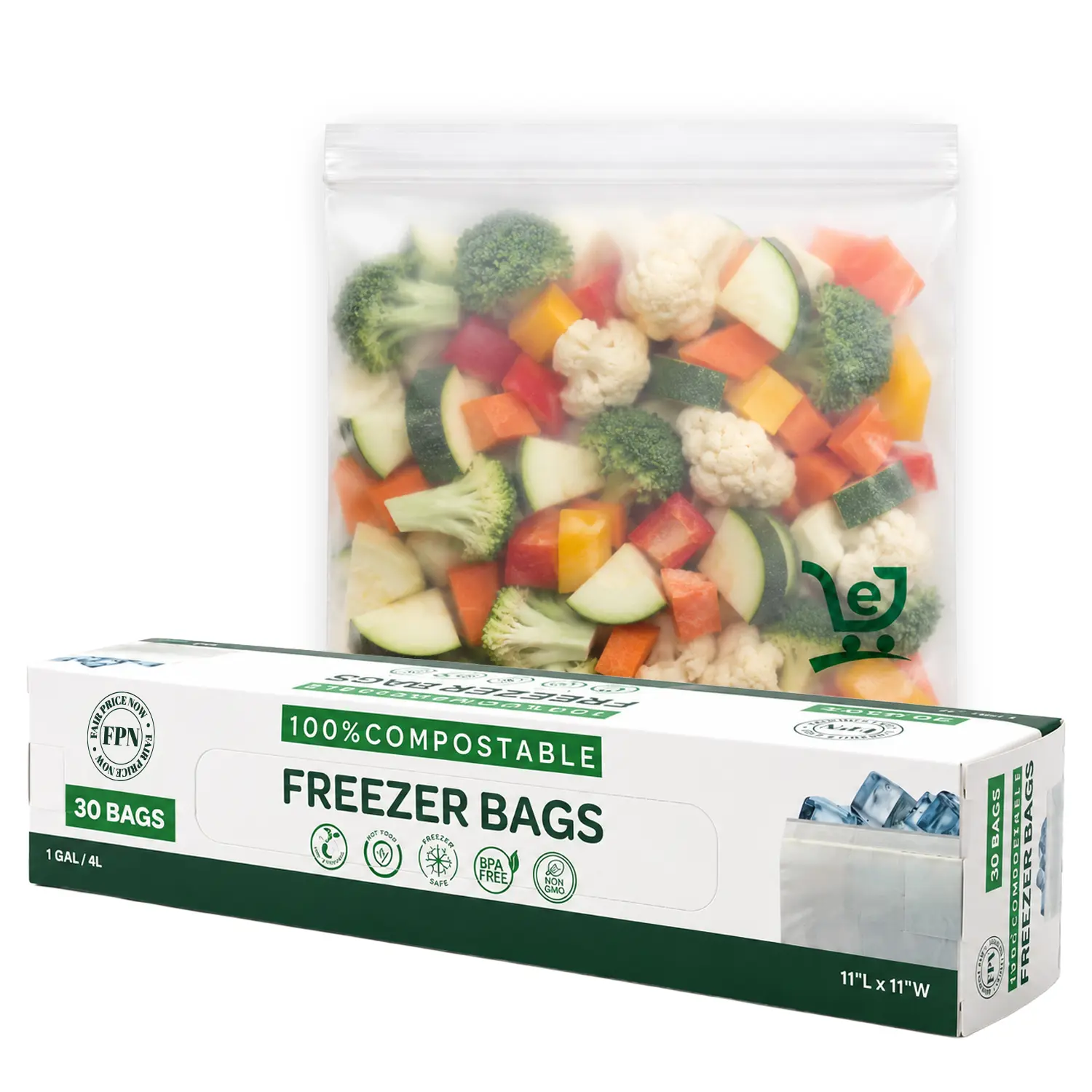 FPN Compostable Freezer Zip Bags - 1 Gal, 30 Count, Airtight BPA-Free Rectangular Plant-Based Kitchen Storage Bags, Resealable Leak-Resistant Freezer-Safe Home Organizers