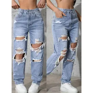 Women's Light Blue High-Waist Ripped Jeans - Breathable Stretch Denim, Slim Fit Casual Style, Retro Distressed Look, Machine Washable, All-Season Comfort
