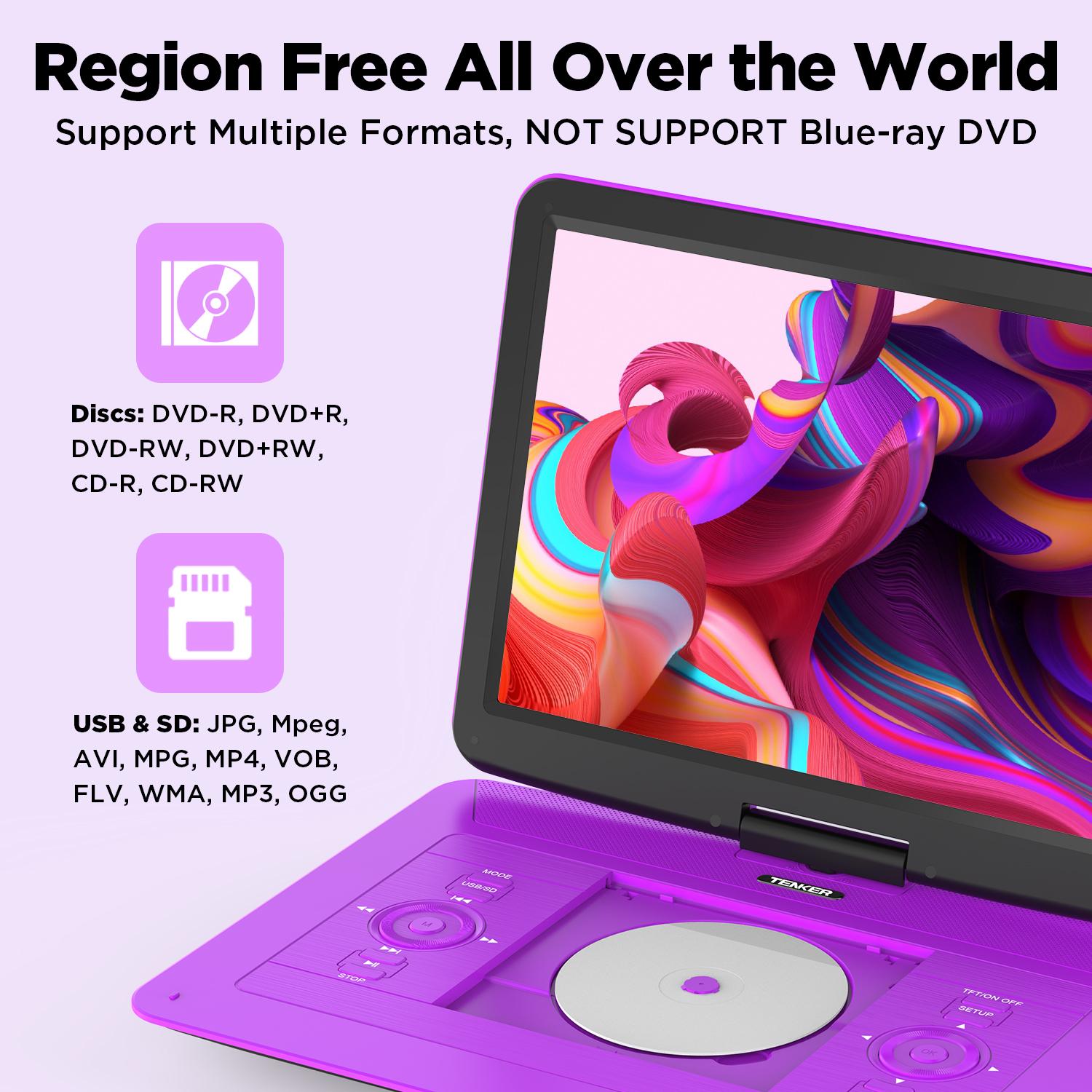 14.9" Portable DVD Player  Swivel HD Screen, CD Player, Dual Speakers, 6H Rechargeable Battery, Region Free, Remote Control, TV Sync, USB/SD Multi-Format Support (No Blu-ray)