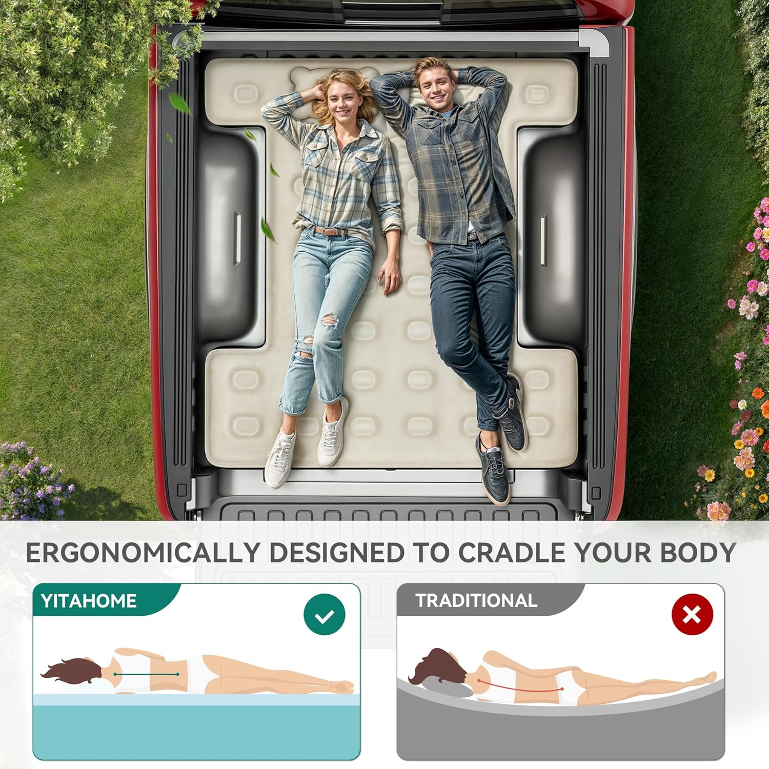 YITAMOTOR Truck Bed Air Mattress for 5.5-5.8 ft Full-Size Short Truck Beds, Inflatable Car Mattress Bed with Pump, Pillows, Carry Bag & Repair Kit for Outdoor, Travel, Camping (Black&Gray,Black&Brown)