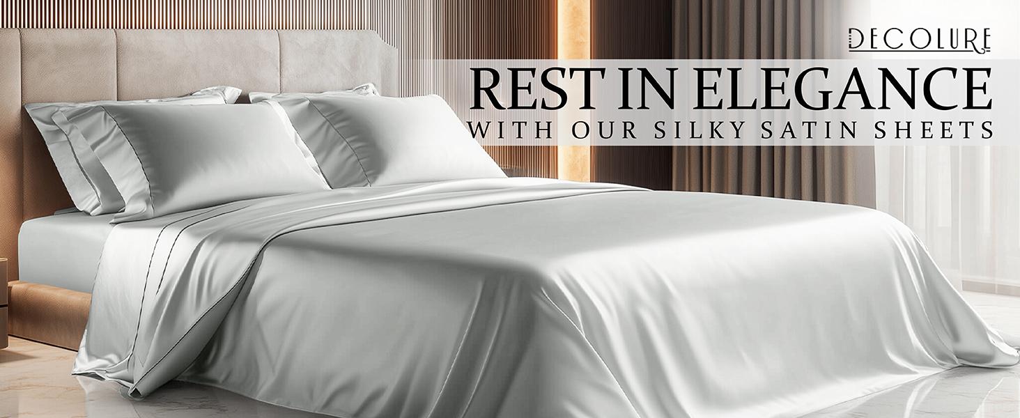 DECOLURE Satin Sheets 4 Piece - Hypoallergenic, Double Stitching, Wrinkle Free - Silky & Luxuriously Soft Satin Bedding with 15" Deep Pockets & Elastic Edges for Secure Fit - Bedset