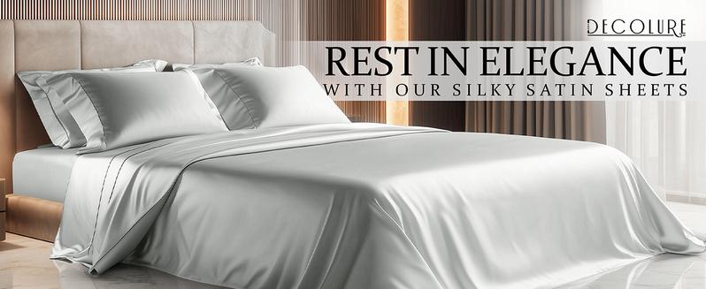 DECOLURE Satin Sheets 4 Piece - Hypoallergenic, Double Stitching, Wrinkle Free - Silky & Luxuriously Soft Satin Bedding with 15" Deep Pockets & Elastic Edges for Secure Fit - Bedset