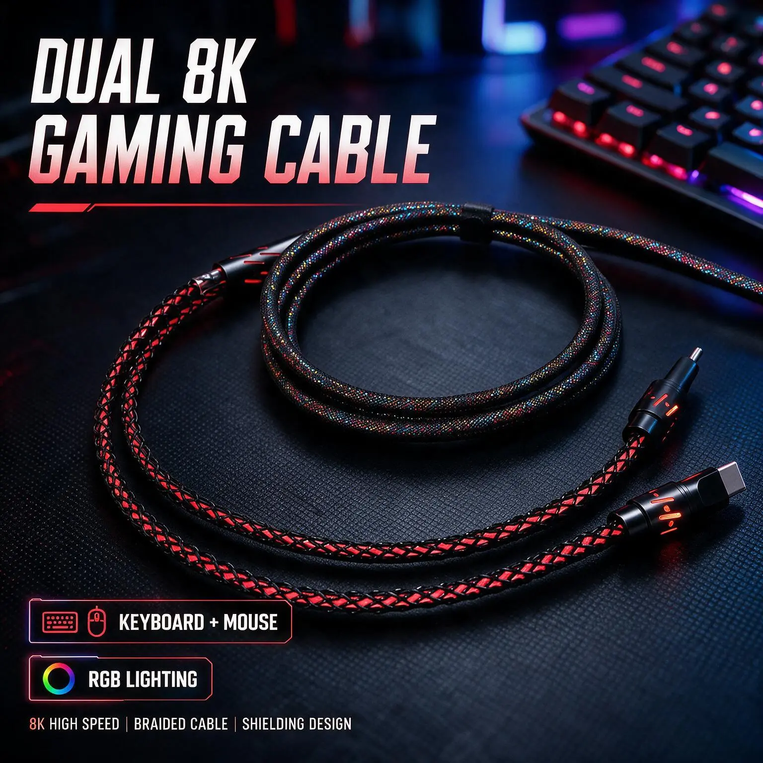 RGB Coiled Aviator Cable for Mechanical Keyboard, Dual USB-C 8K Gaming Cable, Detachable Braided Keyboard Mouse Cable for Gaming Desk Setup