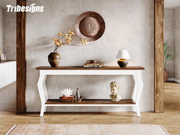 Tribesigns 70.9 Inches Extra Long Sofa Table Behind Couch, Vintage Console Entry Table with 2-Tier Storage for Hallway, Entryway, Living Room, White & Brown