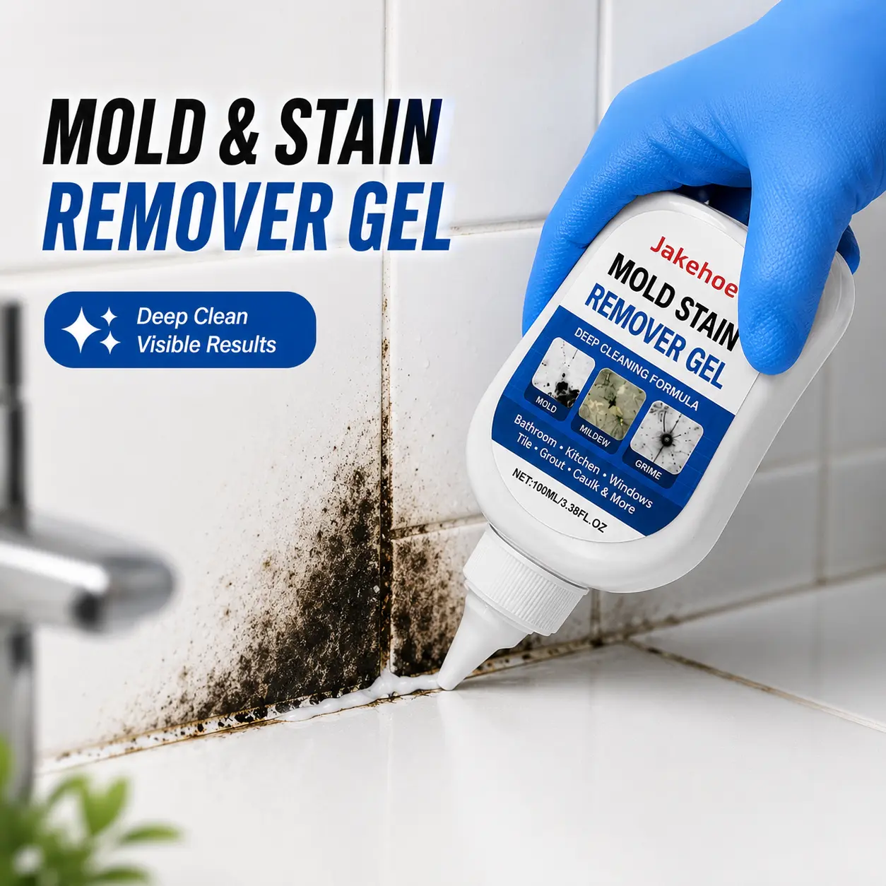 2 Pieces Miracle Mold Remover Gel & Mildew Stain Eraser Scrub Brush Set, Lemon-Scented Powerful Home Cleaning Supplies - Bathroom Cleaner for Shower Caulk, Tile, Washer Seals